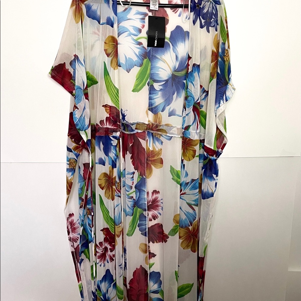 Fashion Nova White Floral Swim Coverup with Red, Blue & Green Accents - Picture 4 of 5